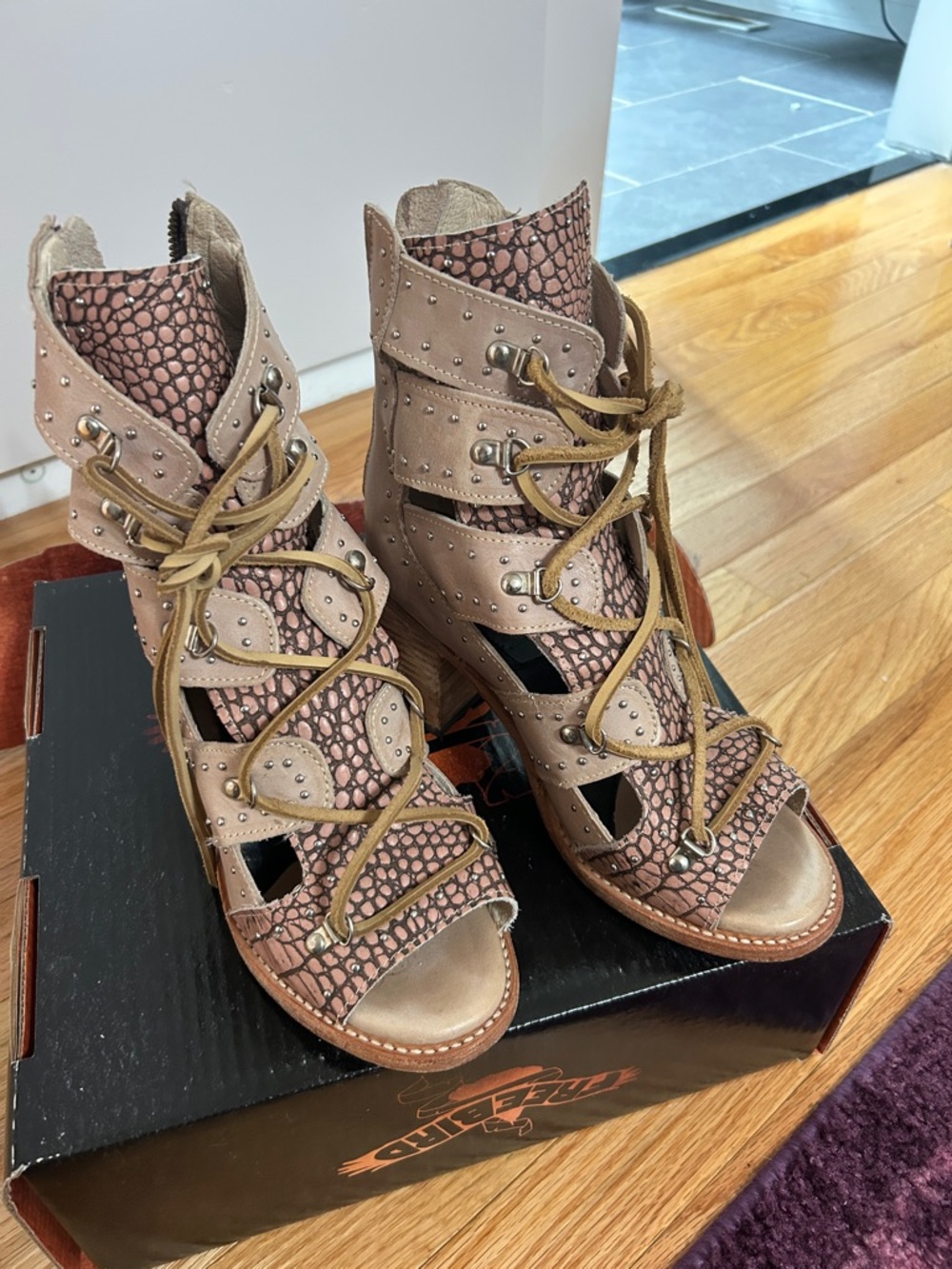 Freebird by Steven Taupe and Pink Lace-Up Peep-Toe Heels